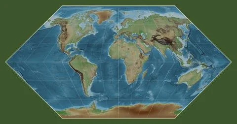 World map. Colored elevation. Eckert I projection. Meridian: 0 Illustrazione stock