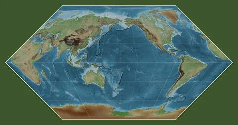 World map. Colored elevation. Eckert I projection. Meridian: 180 Stock Illustration