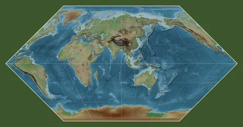 World map. Colored elevation. Eckert I projection. Meridian: 90 east Stock Illustration