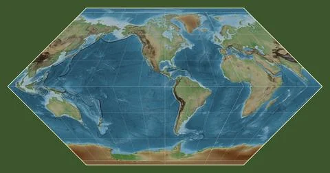 World map. Colored elevation. Eckert I projection. Meridian: -90 west Illustrazione stock