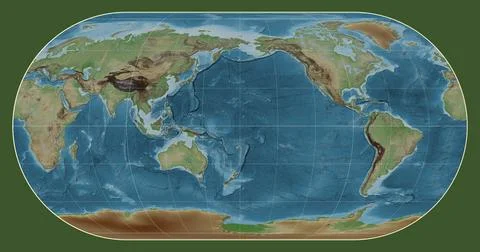 World map. Colored elevation. Eckert III projection. Meridian: 180 Illustrazione stock