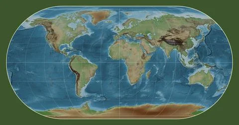 World map. Colored elevation. Eckert III projection. Meridian: 0 Stock Illustration