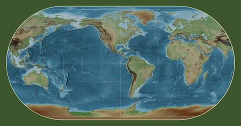 World map. Colored elevation. Eckert III projection. Meridian: -90 west Stock Illustration