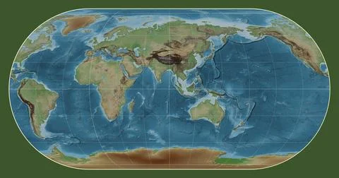 World map. Colored elevation. Eckert III projection. Meridian: 90 east Stock Illustration