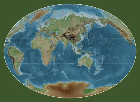 World map. Colored elevation. Fahey projection. Meridian: 90 east Stock Illustration