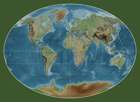 World map. Colored elevation. Fahey projection. Meridian: 0 Illustrazione stock