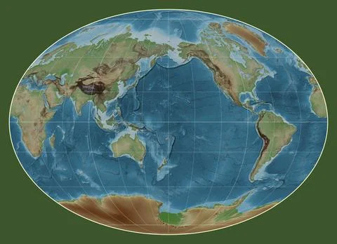 World map. Colored elevation. Fahey projection. Meridian: 180 Stock Illustration