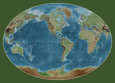 World map. Colored elevation. Fahey projection. Meridian: -90 west Stock Illustration