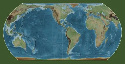 World map. Colored elevation. Hatano Asymmetrical Equal Area projection. Me.. Illustrazione stock