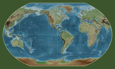 World map. Colored elevation. Kavrayskiy VII projection. Meridian: -90 west Stock Illustration