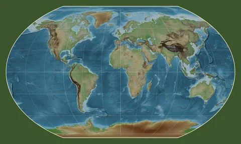World map. Colored elevation. Kavrayskiy VII projection. Meridian: 0 Stock Illustration