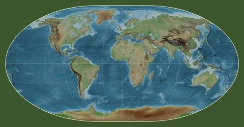 World map. Colored elevation. Loximuthal projection. Meridian: 0 Stock Illustration
