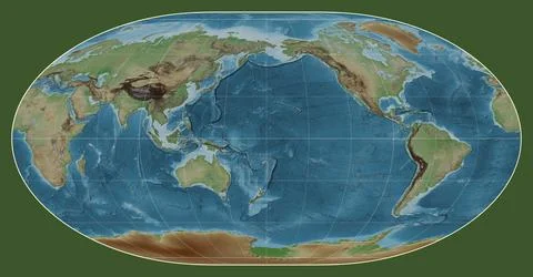 World map. Colored elevation. Loximuthal projection. Meridian: 180 Stock Illustration