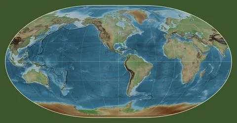 World map. Colored elevation. Loximuthal projection. Meridian: -90 west Stock Illustration