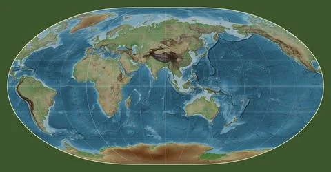 World map. Colored elevation. Loximuthal projection. Meridian: 90 east Stock Illustration
