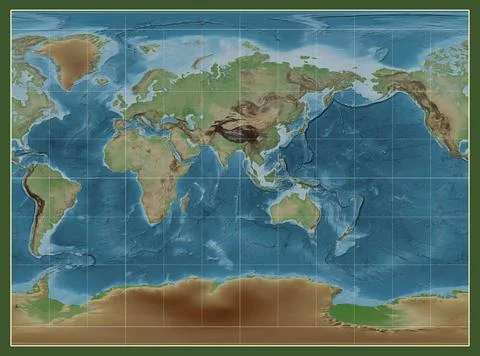 World map. Colored elevation. Miller Cylindrical projection. Meridian: 90 eas Stock Illustration