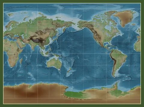 World map. Colored elevation. Miller Cylindrical projection. Meridian: 180 Stock Illustration