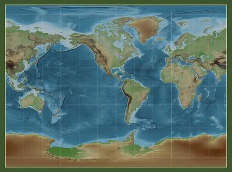 World map. Colored elevation. Miller Cylindrical projection. Meridian: -90 we Stock Illustration
