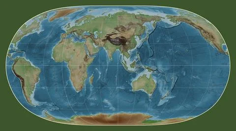 World map. Colored elevation. Natural Earth II projection. Meridian: 90 east Illustrazione stock