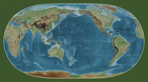 World map. Colored elevation. Natural Earth II projection. Meridian: 180 Stock Illustration