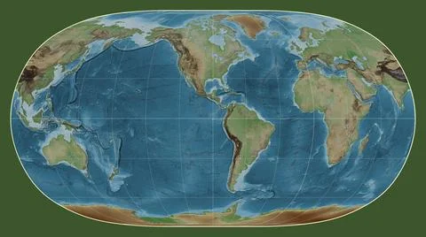 World map. Colored elevation. Natural Earth II projection. Meridian: -90 west Illustrazione stock