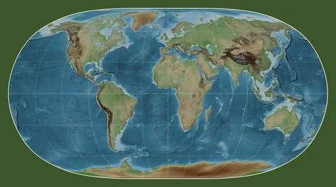 World map. Colored elevation. Natural Earth II projection. Meridian: 0 Illustrazione stock