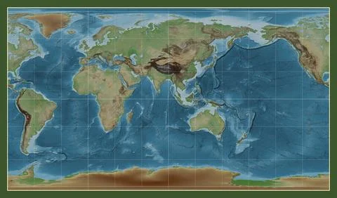 World map. Colored elevation. Patterson Cylindrical projection. Meridian: 9.. Stock Illustration
