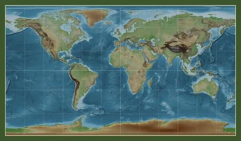 World map. Colored elevation. Patterson Cylindrical projection. Meridian: 0 Stock Illustration