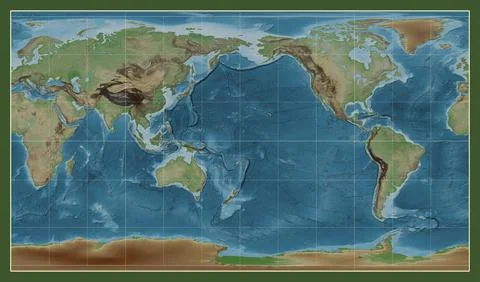 World map. Colored elevation. Patterson Cylindrical projection. Meridian: 180 Illustrazione stock