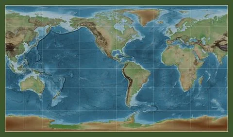 World map. Colored elevation. Patterson Cylindrical projection. Meridian: -.. Illustrazione stock