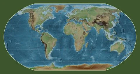 World map. Colored elevation. Robinson projection. Meridian: 0 Stock Illustration