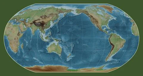 World map. Colored elevation. Robinson projection. Meridian: 180 Stock Illustration