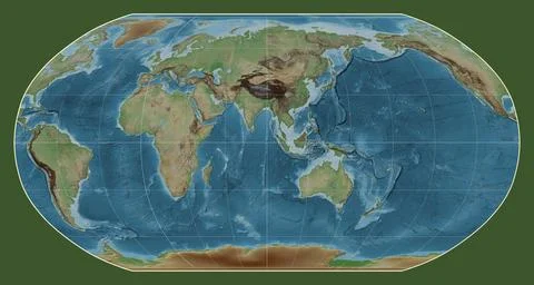 World map. Colored elevation. Robinson projection. Meridian: 90 east Stock Illustration