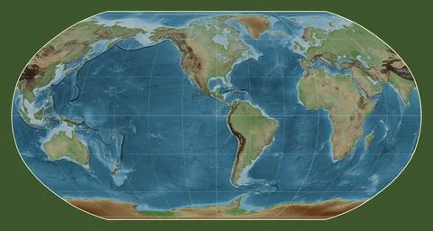 World map. Colored elevation. Robinson projection. Meridian: -90 west Stock Illustration