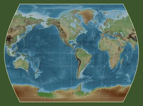 World map. Colored elevation. Times projection. Meridian: -90 west Stock Illustration