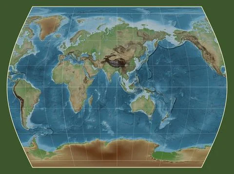 World map. Colored elevation. Times projection. Meridian: 90 east Stock Illustration