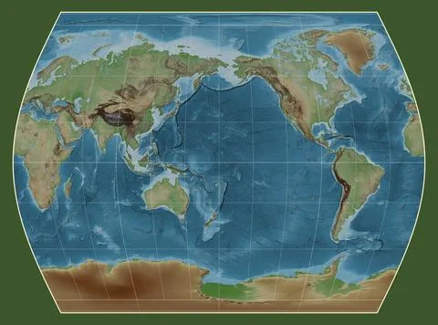 World map. Colored elevation. Times projection. Meridian: 180 Illustrazione stock