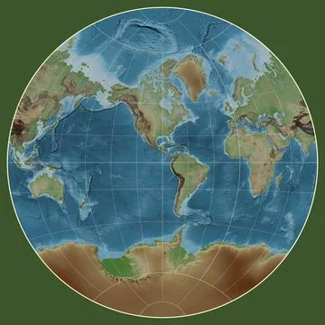 World map. Colored elevation. van der Grinten I projection. Meridian: -90 wes Stock Illustration