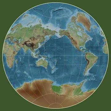 World map. Colored elevation. van der Grinten I projection. Meridian: 180 Stock Illustration