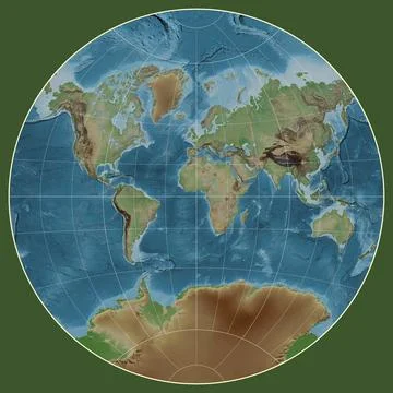 World map. Colored elevation. van der Grinten I projection. Meridian: 0 Stock Illustration