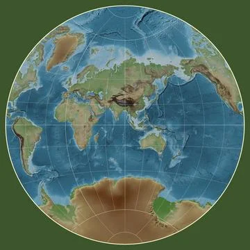 World map. Colored elevation. van der Grinten I projection. Meridian: 90 east Illustrazione stock