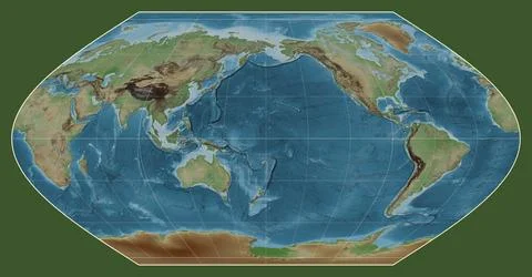 World map. Colored elevation. Winkel I projection. Meridian: 180 Stock Illustration