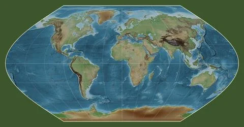 World map. Colored elevation. Winkel I projection. Meridian: 0 Stock Illustration