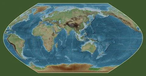 World map. Colored elevation. Winkel I projection. Meridian: 90 east Stock Illustration