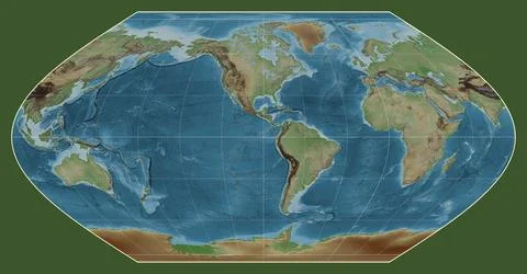 World map. Colored elevation. Winkel I projection. Meridian: -90 west Stock Illustration