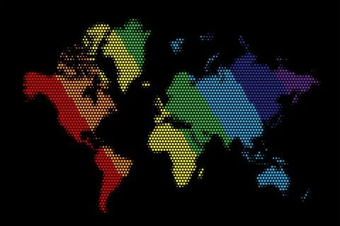 World map in colourful dots on black background. Earth continents in rainbow Stock Illustration
