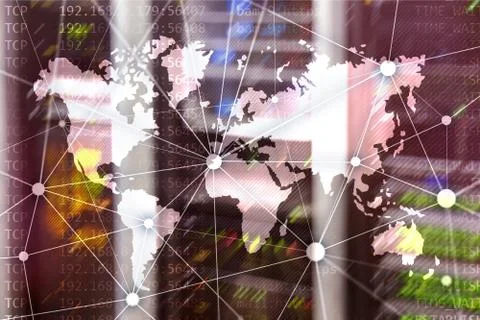 World map with communication network on server room background. Foto stock