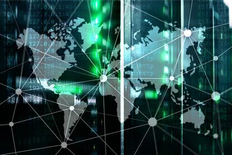 World map with communication network on server room background. Stock Photos