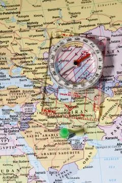 World map with compass and map pin Stock Photos