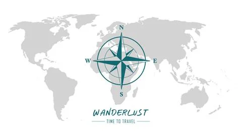 World map with compass wind rose wanderlust travel Stock Illustration